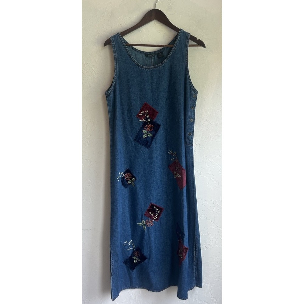 Vintage 90s Y2K Agapo Denim Overall Midi Maxi  Dress M Embroidered Cottagecore